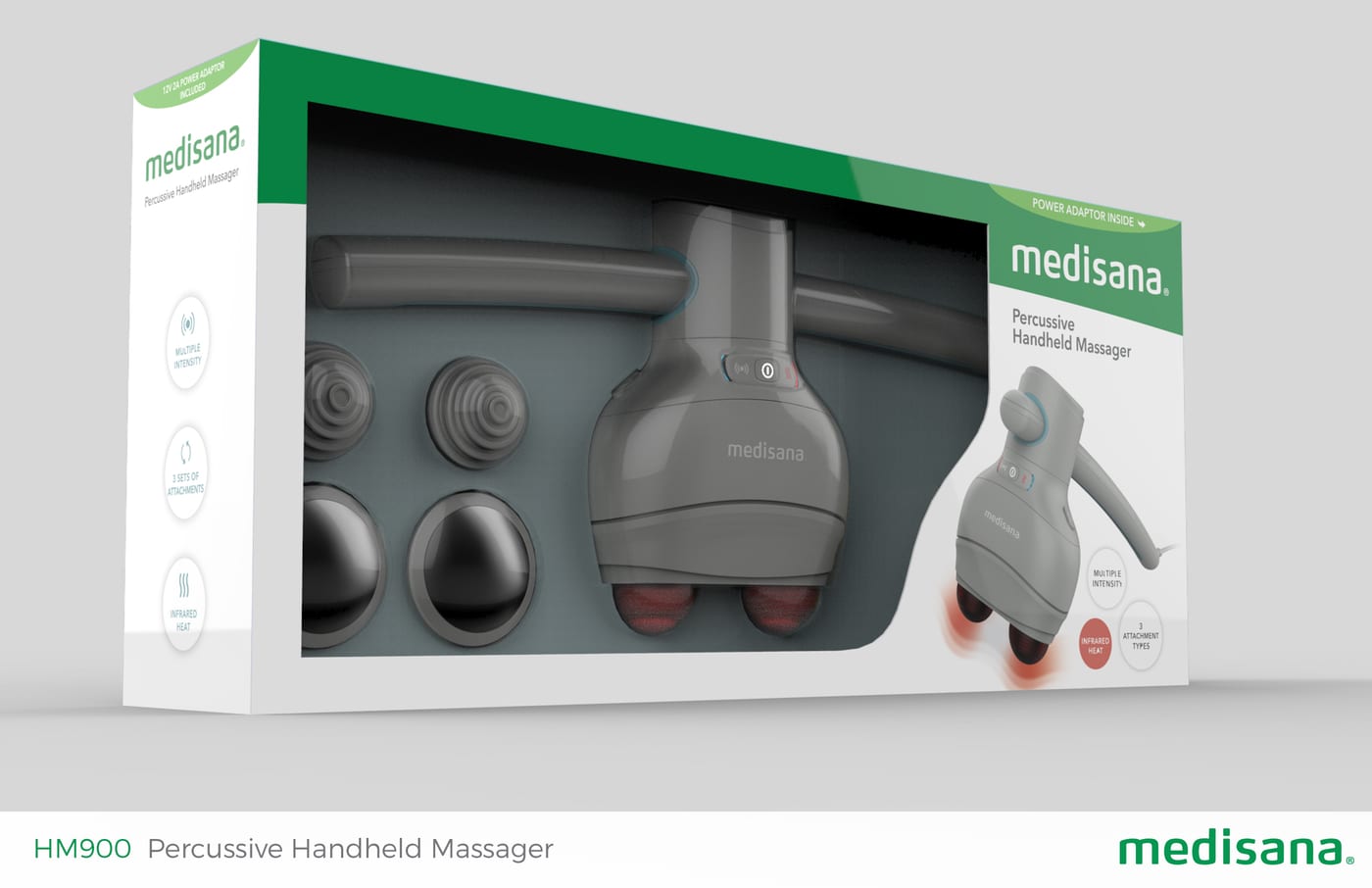 Medisana HM900 packaging — a corrugated window box showing the massager with its head turned